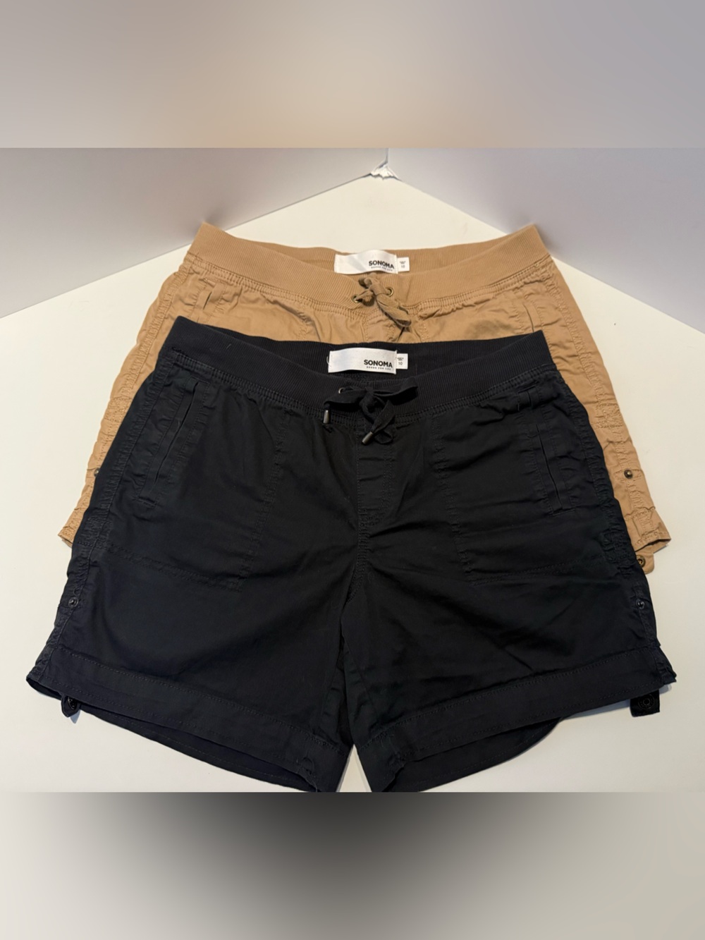 Women’s Bundle Sonoma Black & Khaki Pull-on Shorts adjustable length-Sz-10